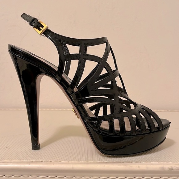 Prada Black Patent Leather Caged Platform Heels - Picture 3 of 16